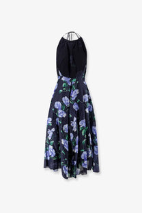 Lavi women’s plumeria ramie black halter-neck midi dress with vibrant purple floral and green leaf pattern