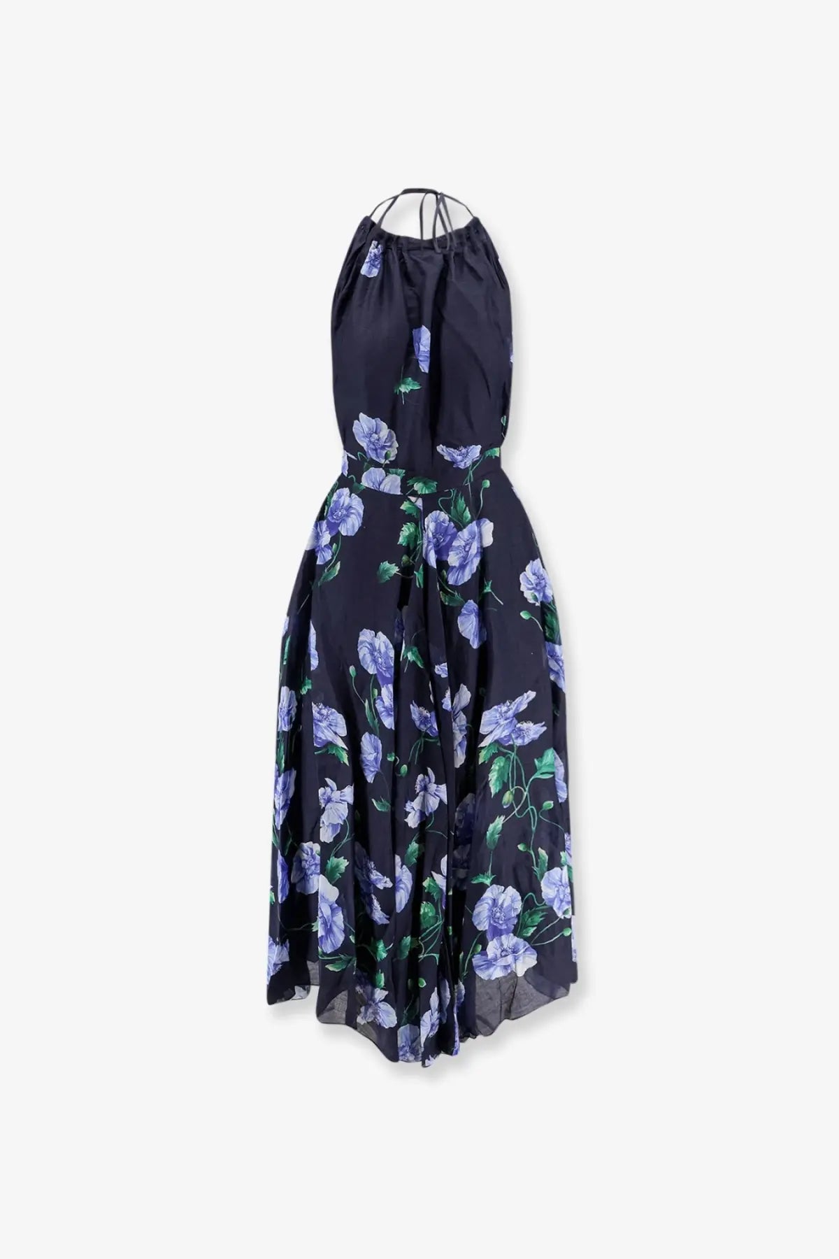 Lavi women’s plumeria ramie dress blue navy blue halter neck midi dress with flowing purple floral pattern and lightweight fabric