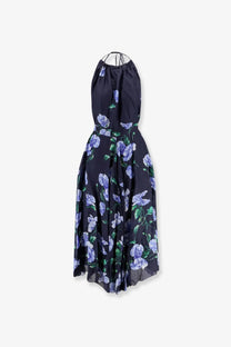 Lavi women’s plumeria ramie dress blue navy blue halter neck midi dress with flowing purple floral pattern and lightweight fabric