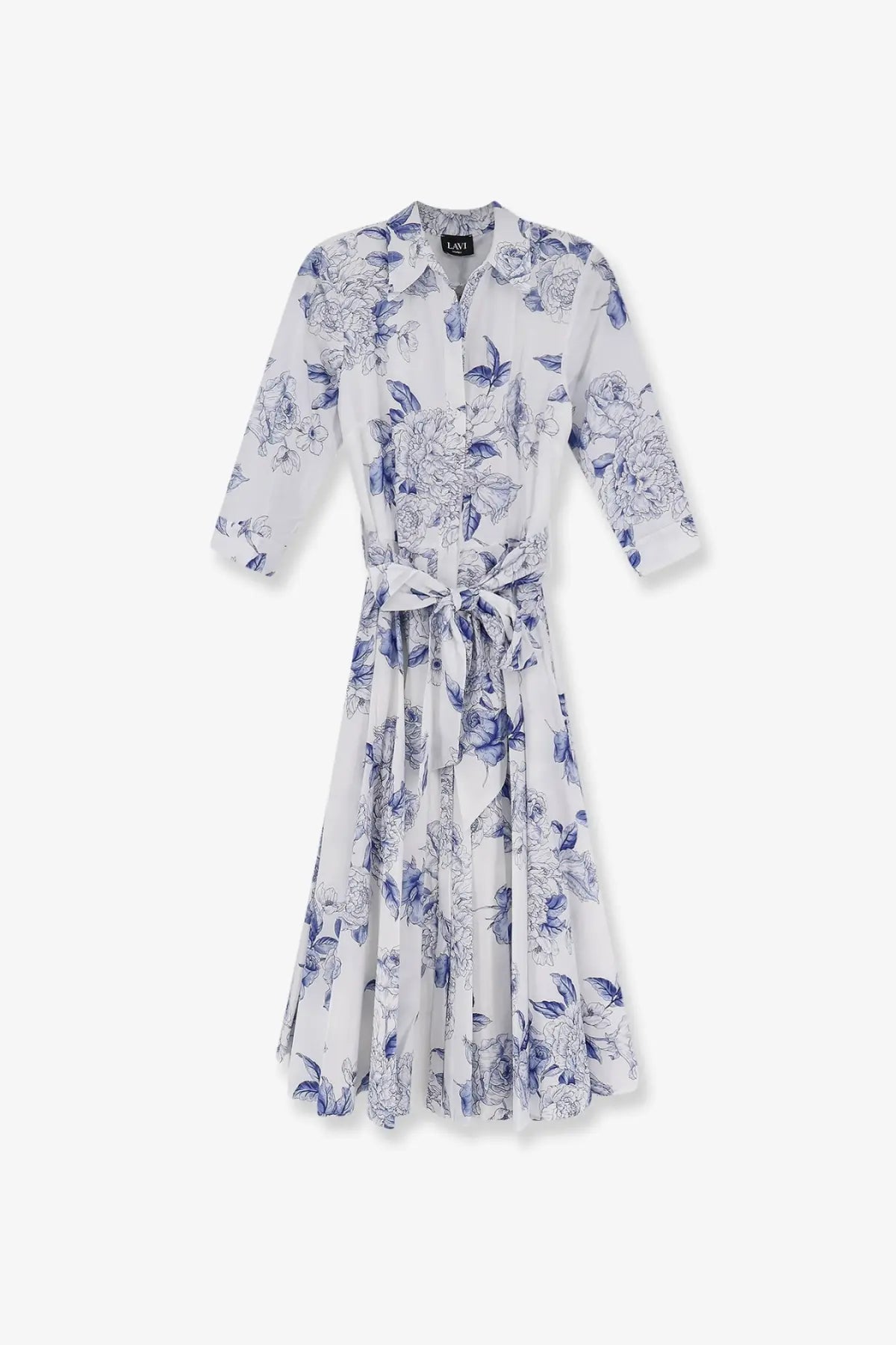 Lavi women’s spritz cotton chemisier dress blue white blouse style with blue floral pattern and tied waistband