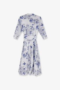 Lavi women’s spritz cotton chemisier dress in white with blue floral pattern and three quarter length sleeves