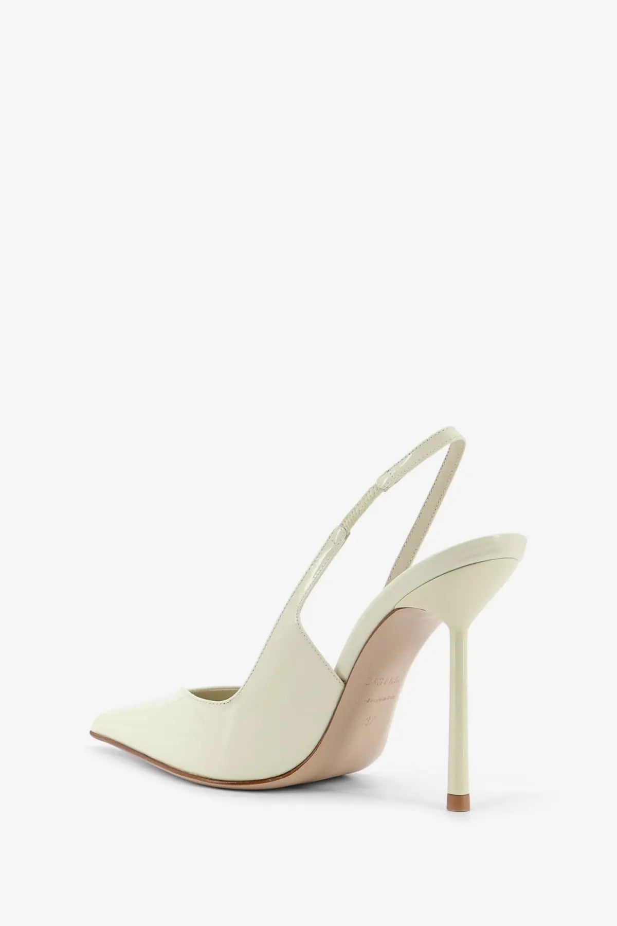 Le Silla women’s Chanel Vivienne patent leather cream satin slingback pump with slender high heel and ankle strap