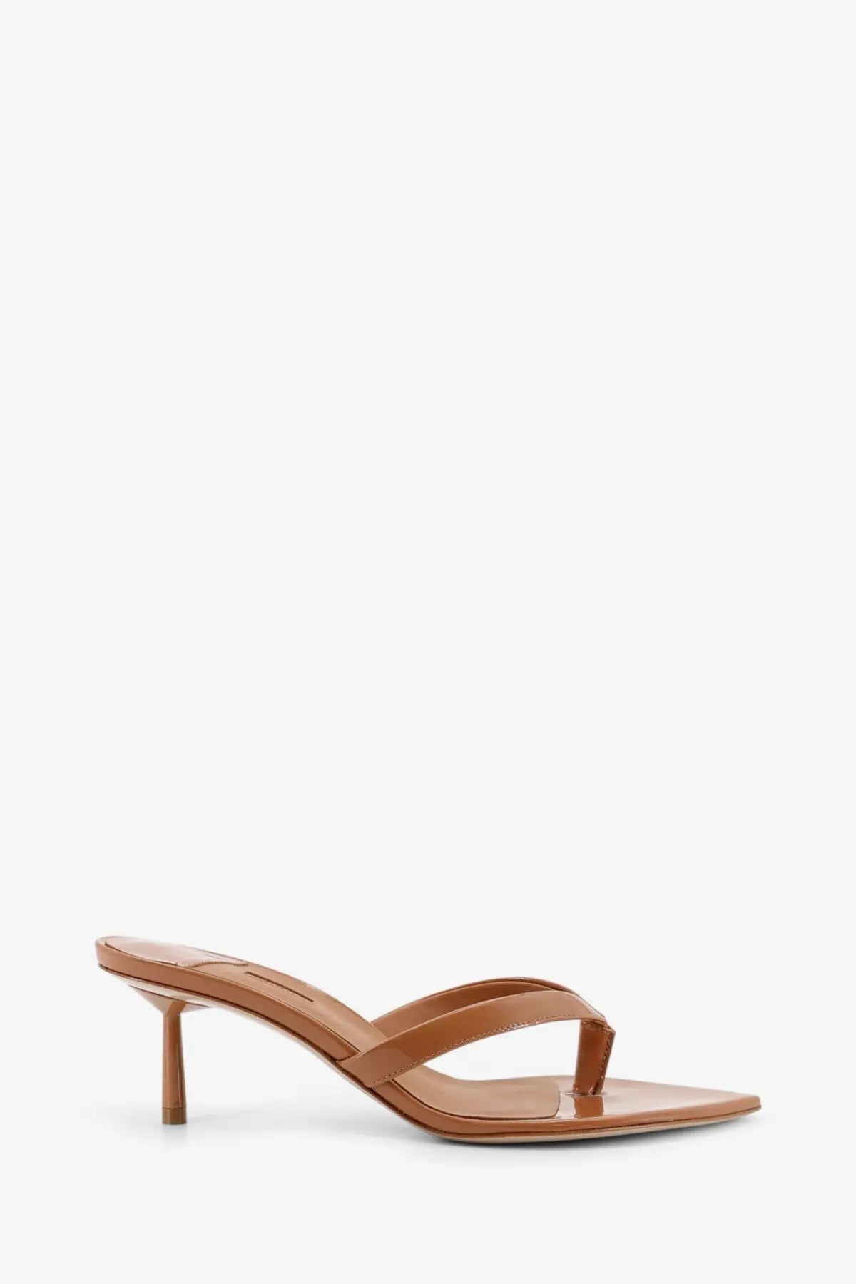 Le silla women’s gisele patent leather sandals brown with slender heel and minimalist tan leather mule design