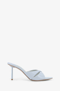 Le Silla women’s Shirley patent leather sandals halo in light blue satin with slip-on mule heel and slender stiletto sole