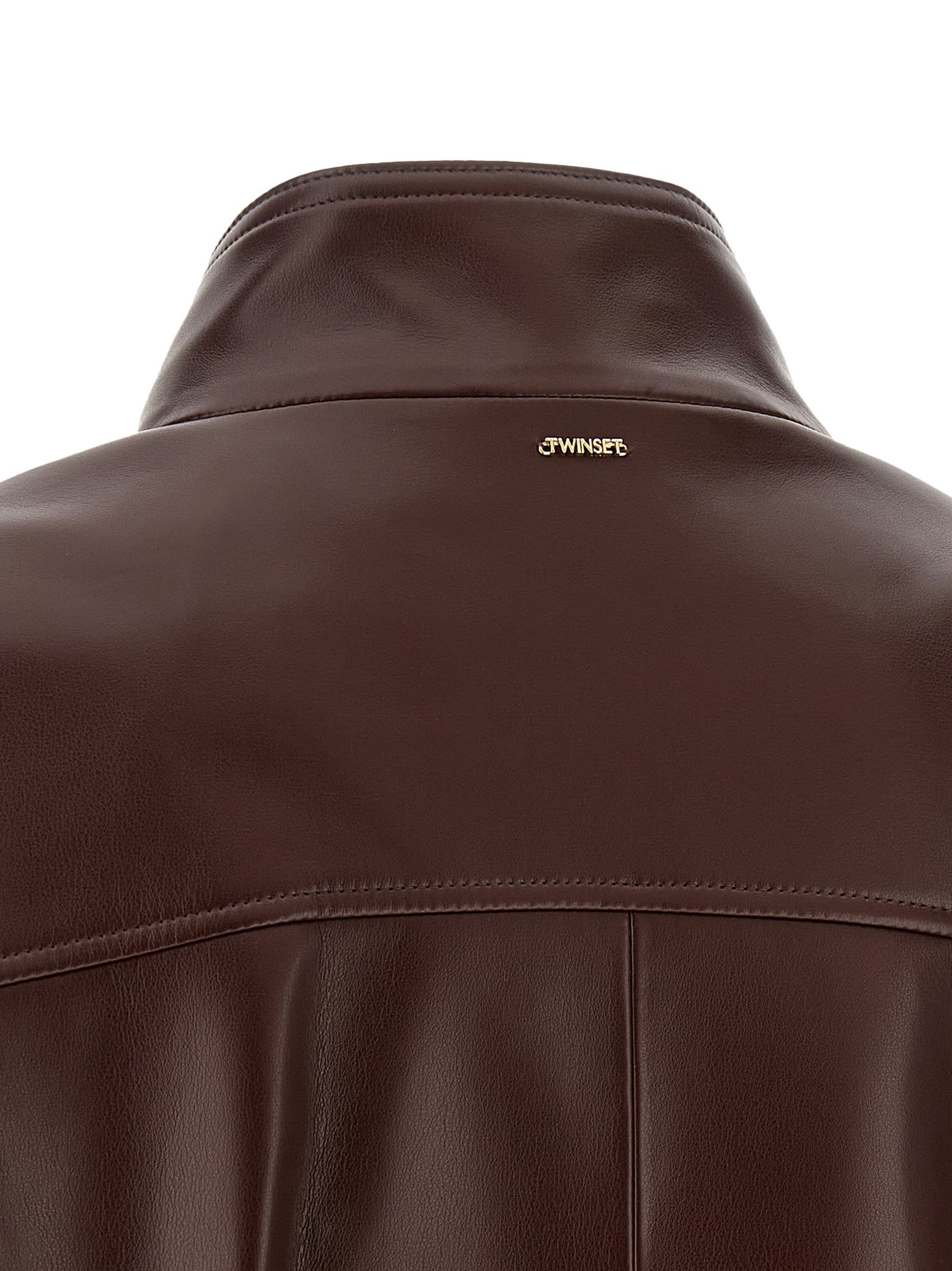 TWINSET Leather Effect Bomber Jacket Brown