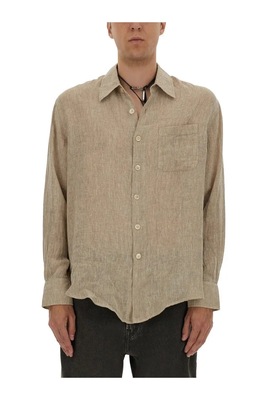 Our Legacy men’s beige linen button-down shirt with subtle textured weave and matching buttons