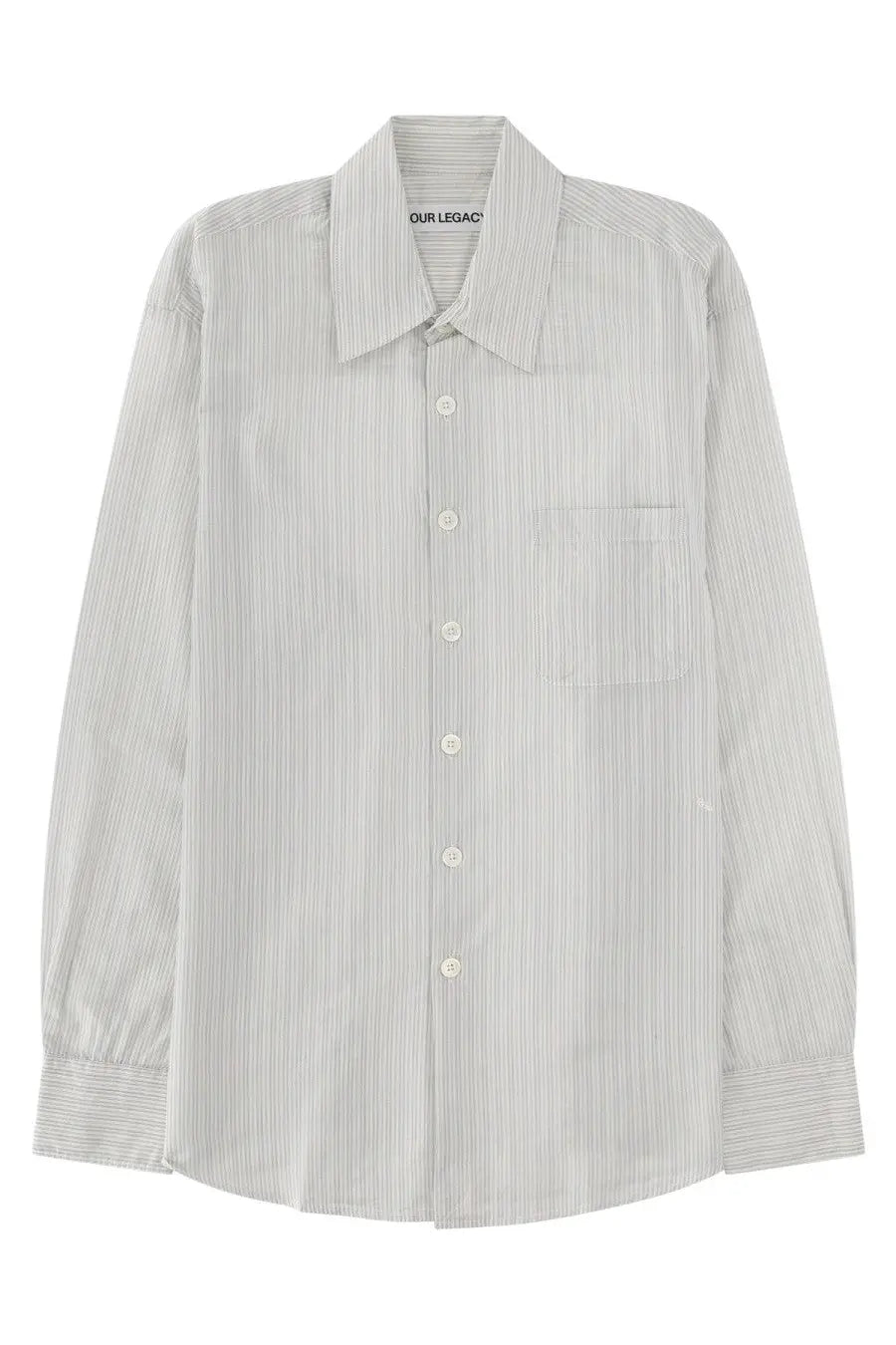 Our legacy men’s above shirt white light gray and white striped button-down shirt with classic collar and chest pocket