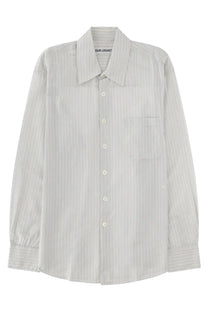 Our legacy men’s above shirt white light gray and white striped button-down shirt with classic collar and chest pocket
