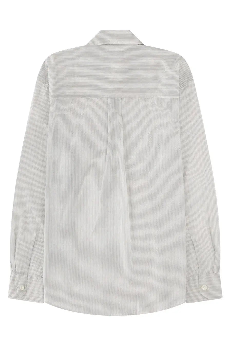 Our Legacy men’s above shirt white in light gray and white vertical stripes with classic collar and long sleeves
