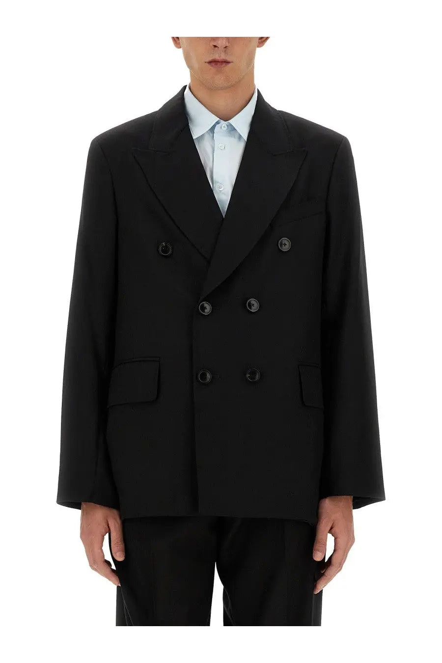 Our Legacy men’s black double-breasted blazer with dark buttons and notched lapels in premium fabric