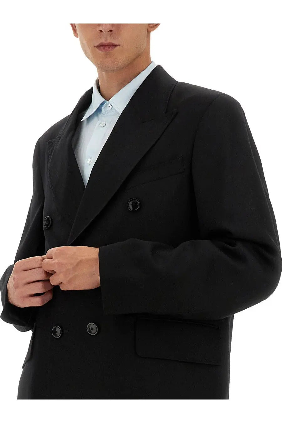 Our Legacy men’s blazer doppiopetto black double-breasted suit jacket with dark buttons and tailored fit