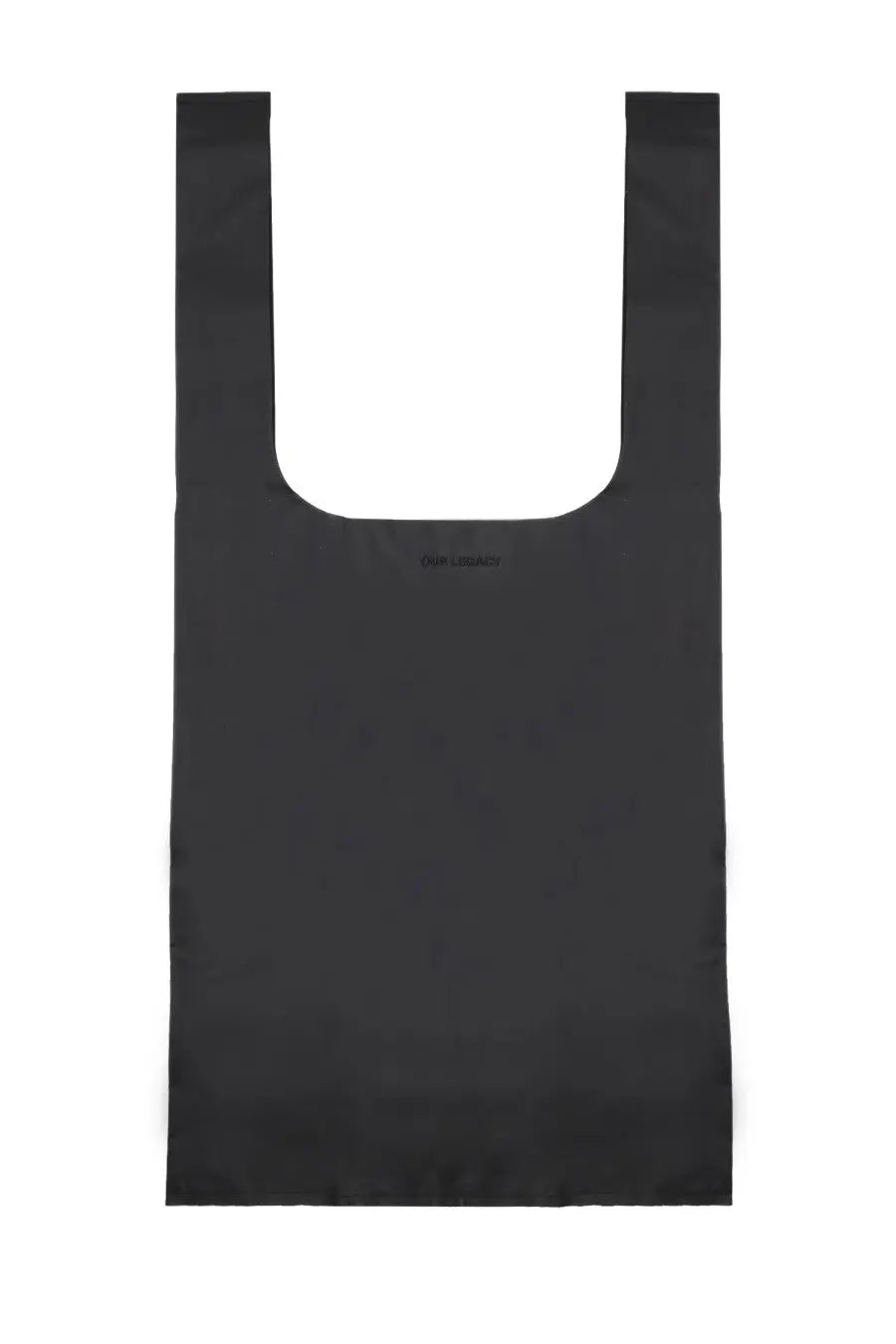 Black reusable tote bag with minimalist design and subtle our legacy logo perfect for grocery use