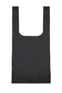 Black reusable tote bag with minimalist design and subtle our legacy logo perfect for grocery use