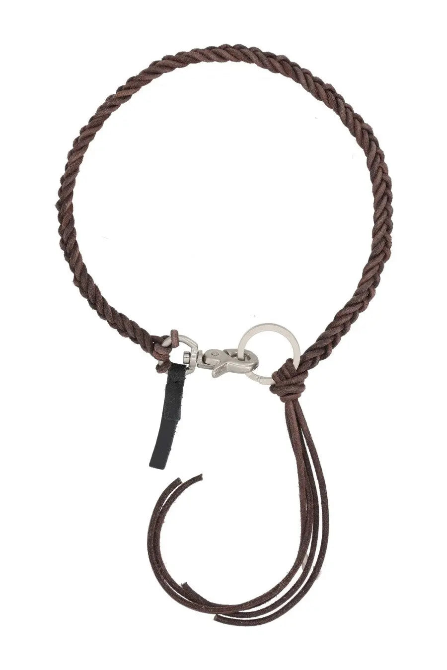 Our legacy men’s braided ladon necklace brown made of brown braided leather with silver clasp and black leather tag