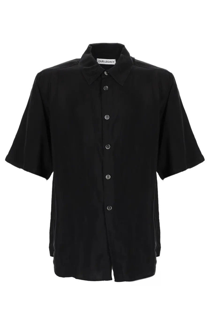 Our Legacy men’s Camicia black short-sleeved button-up shirt in cupro with a minimalist design and subtle sheen