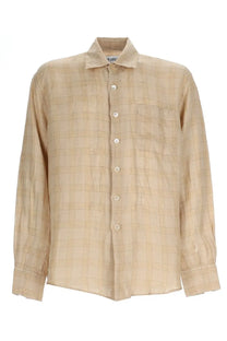 Beige plaid linen button-down shirt with subtle vertical and horizontal stripes from Our Legacy men’s Camicia in Lino Beige