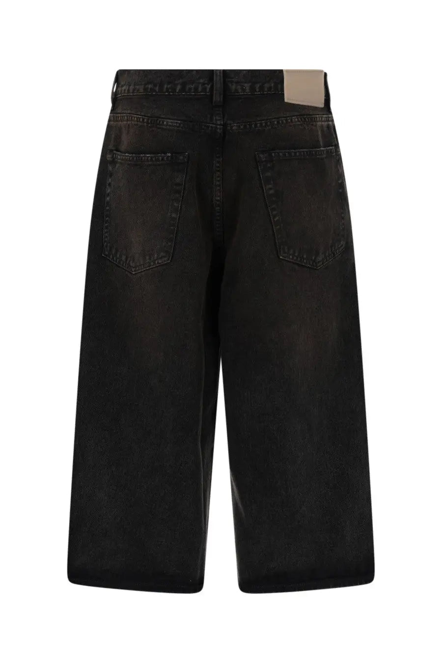 Our Legacy men’s green capri cut shorts shown from the back with black denim faded distressed finish and classic pockets