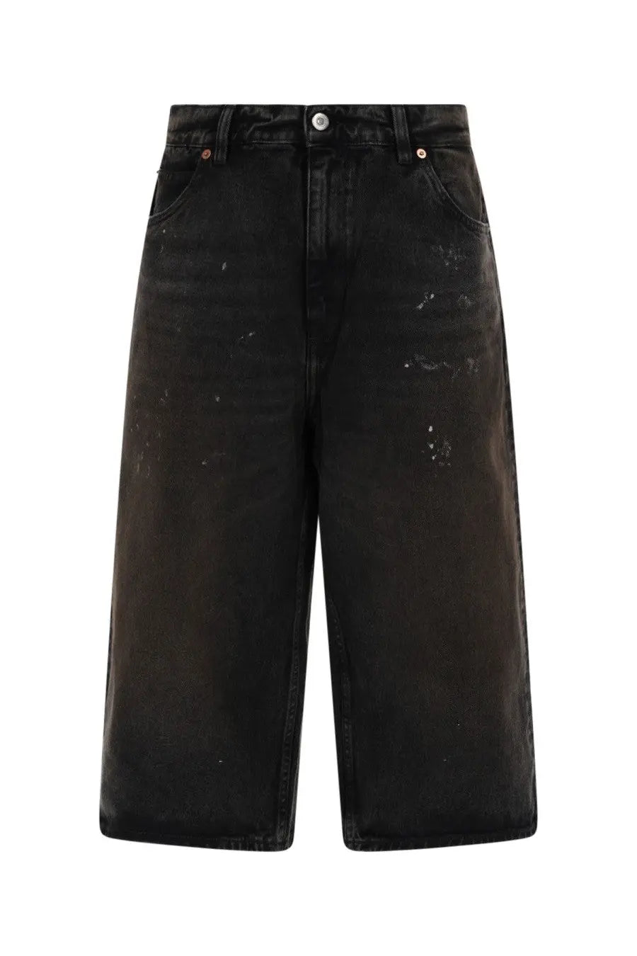 Our Legacy men’s green distressed denim shorts with high waist and wide legs in a capri cut style