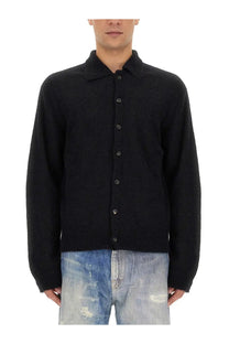Our Legacy men’s black knit button-up cardigan with collar and dark buttons made from soft material