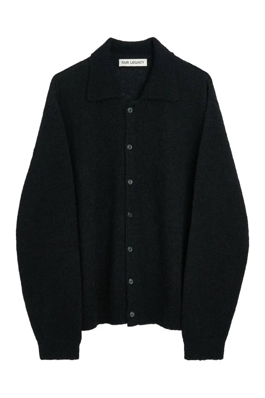 Our Legacy men’s black knit cardigan with collar button-front closure and subtle textured fabric