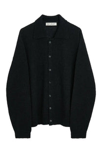 Our Legacy men’s black knit cardigan with collar button-front closure and subtle textured fabric