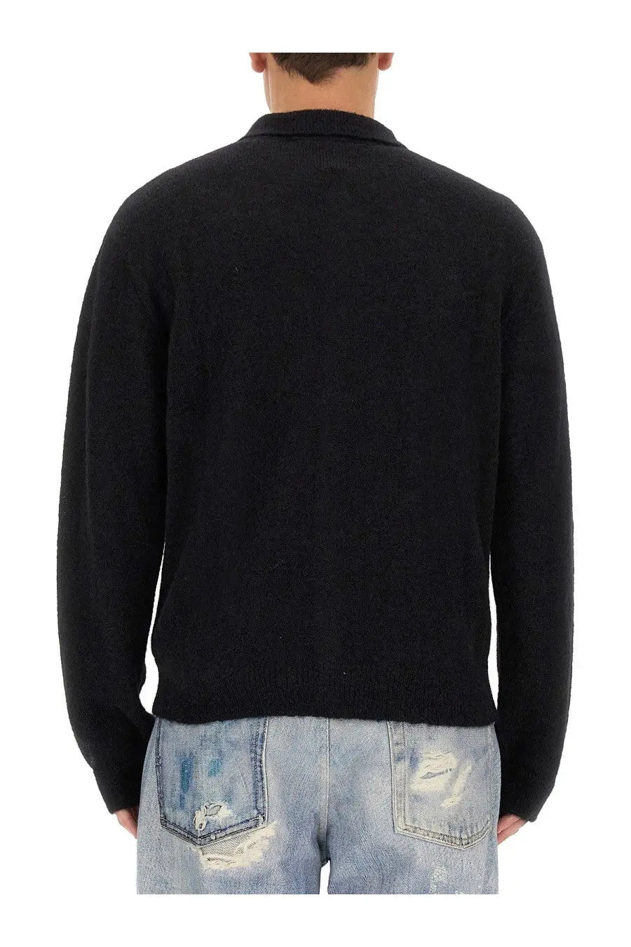 Our Legacy men’s black knit cardigan with collar ribbed cuffs and button closure made from soft knit fabric