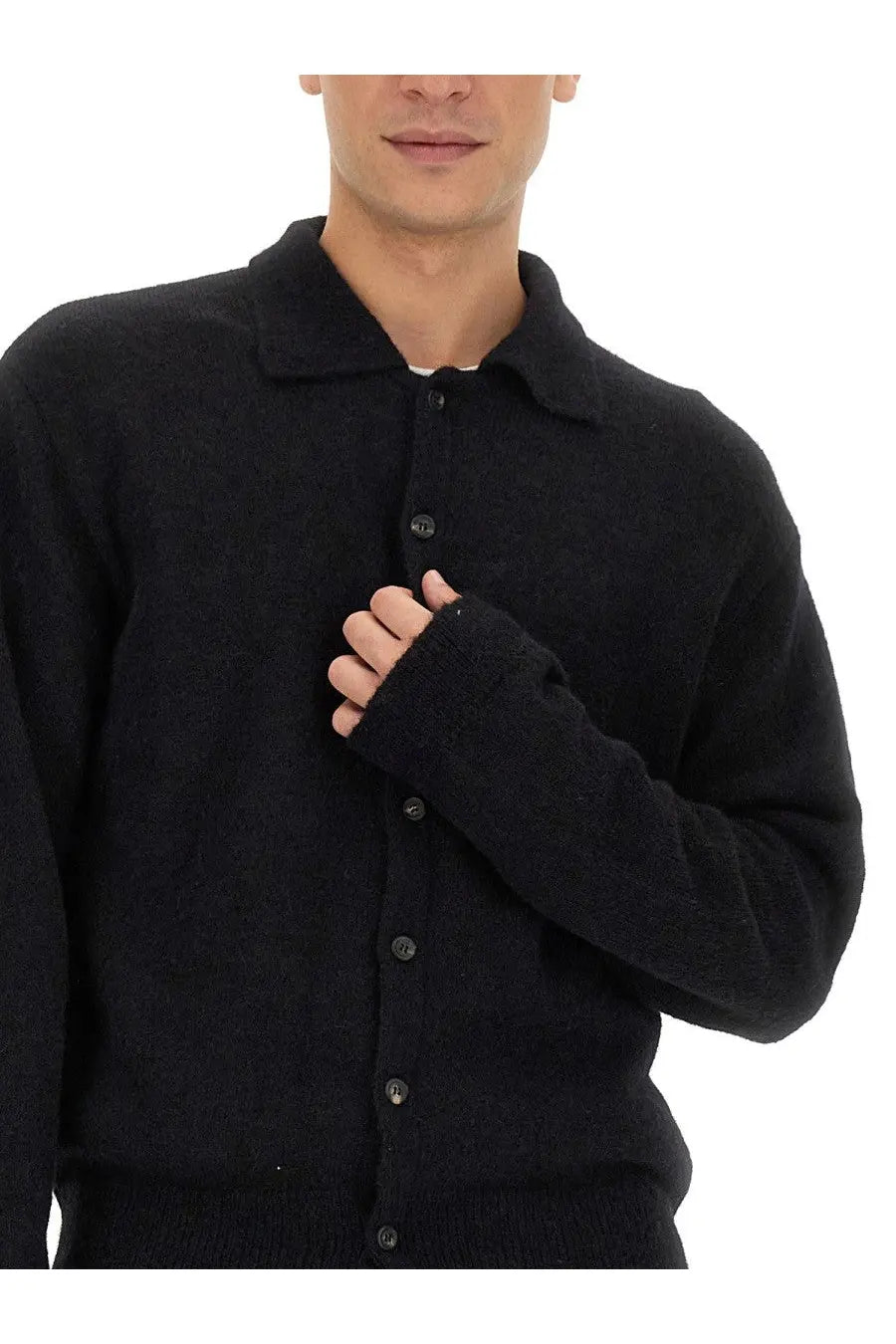 Our Legacy men’s black knitted cardigan with collar and button closure perfect for casual wear