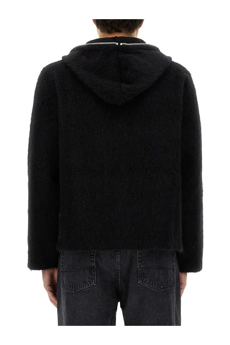 Our legacy men’s black cardigan con zip with a fuzzy hood and plush textured material with front zipper