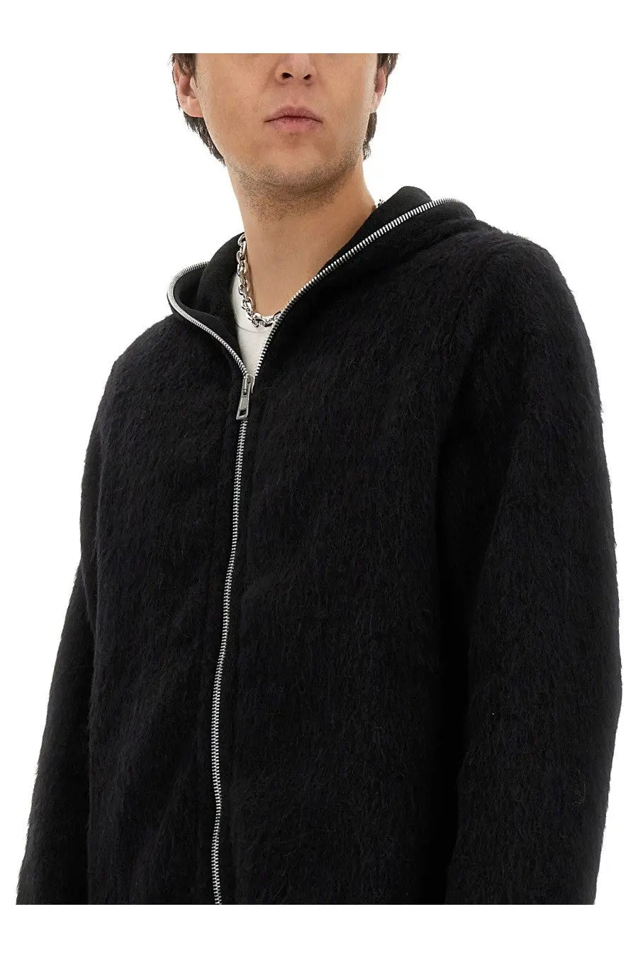 Our Legacy men’s black fuzzy zip-up hoodie with silver zipper and hood trim featuring soft textured fabric