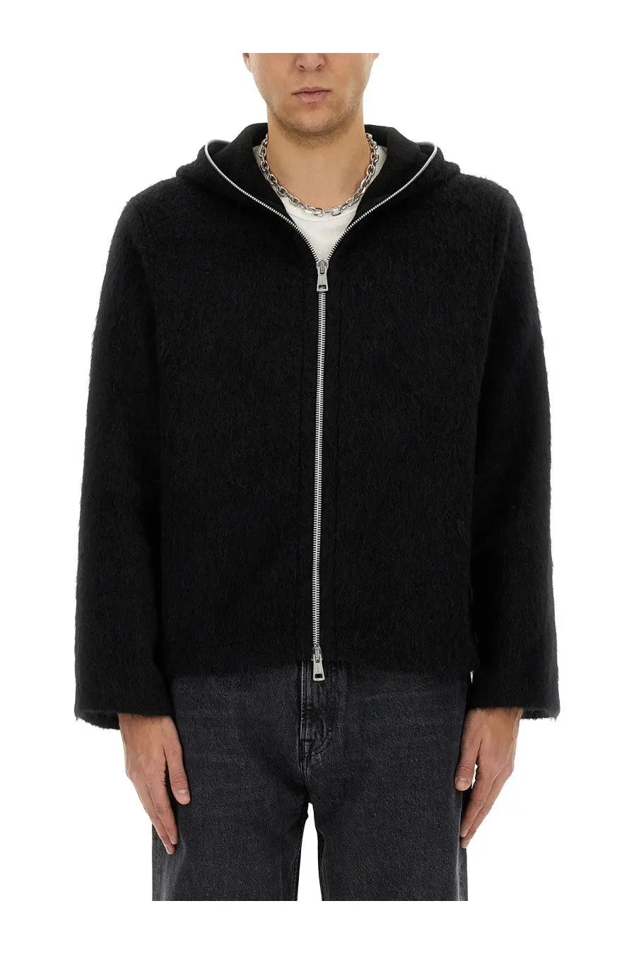 Our Legacy men’s black zip-up cardigan hoodie with silver zipper and textured fabric for casual wear