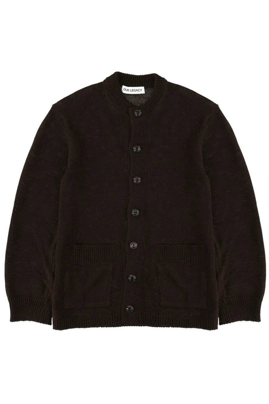 Our Legacy men’s black knit cardigan with classic button front and ribbed cuffs collar and hem in parlor brown