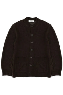 Our Legacy men’s black knit cardigan with classic button front and ribbed cuffs collar and hem in parlor brown
