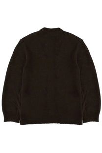 Our legacy men’s black knit cardigan with ribbed cuffs and hem in parlor brown color