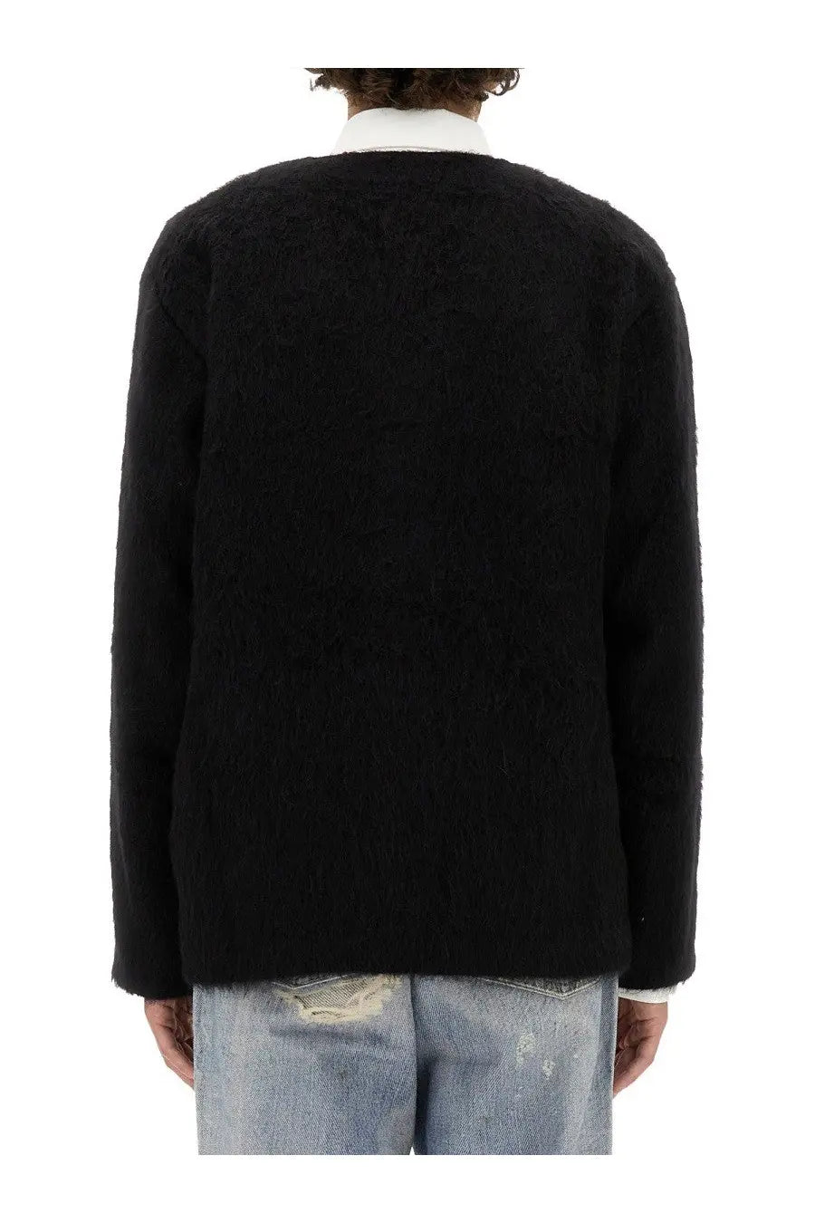 Our Legacy men’s cardigan scollo black fuzzy knit with relaxed fit and ribbed cuffs perfect for casual wear