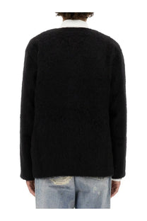 Our Legacy men’s cardigan scollo black fuzzy knit with relaxed fit and ribbed cuffs perfect for casual wear