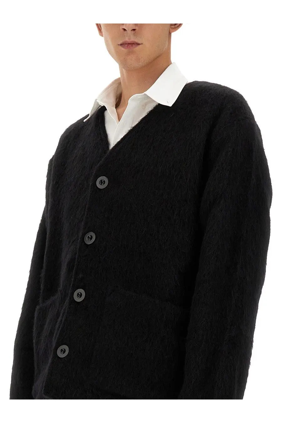 Our legacy men’s cardigan scollo black textured knit with dark gray buttons for casual layering