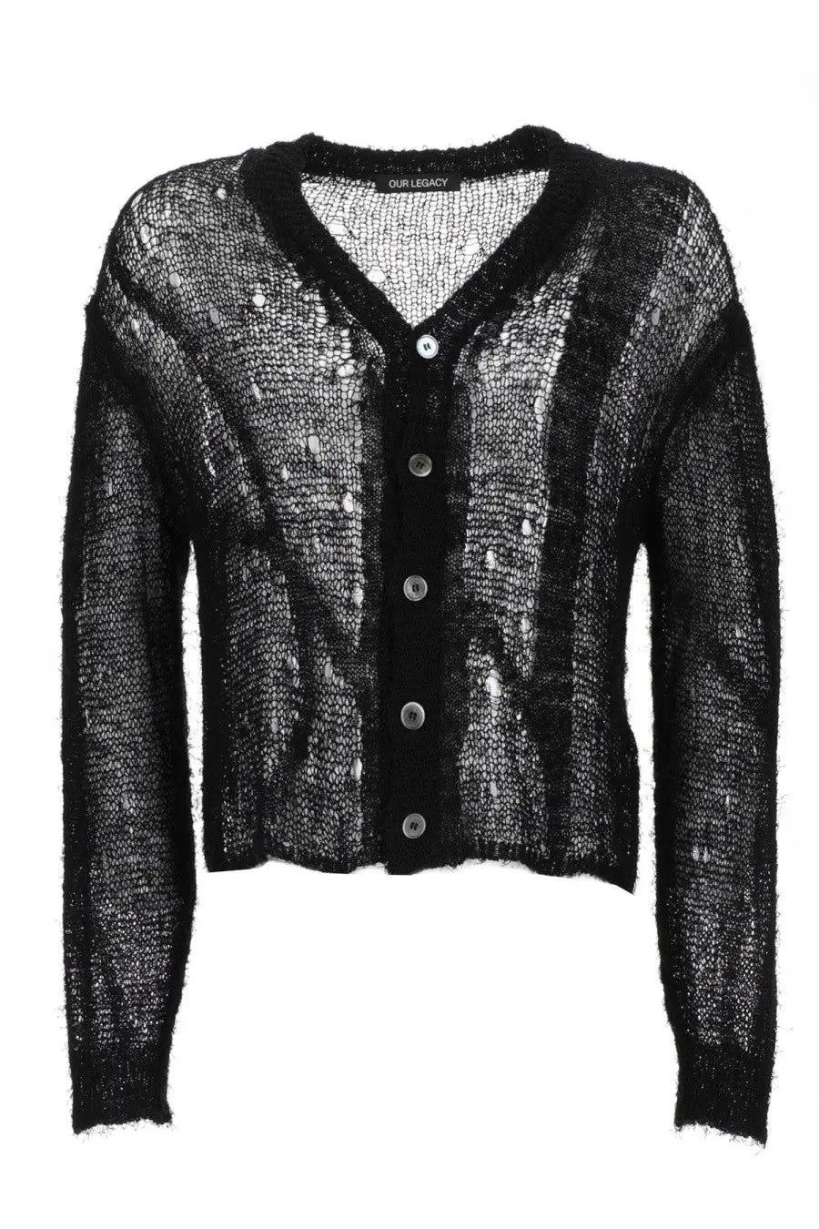Our Legacy men’s cardigan Traforato black knit with textured fabric silver sequin accents and v-neck front detail