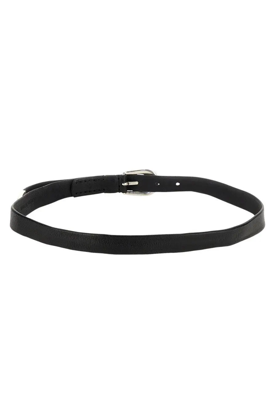 Our Legacy men’s cintura in pelle black leather belt with silver toned buckle shown from the front side
