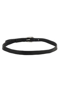 Our Legacy men’s cintura in pelle black leather belt with silver toned buckle shown from the front side