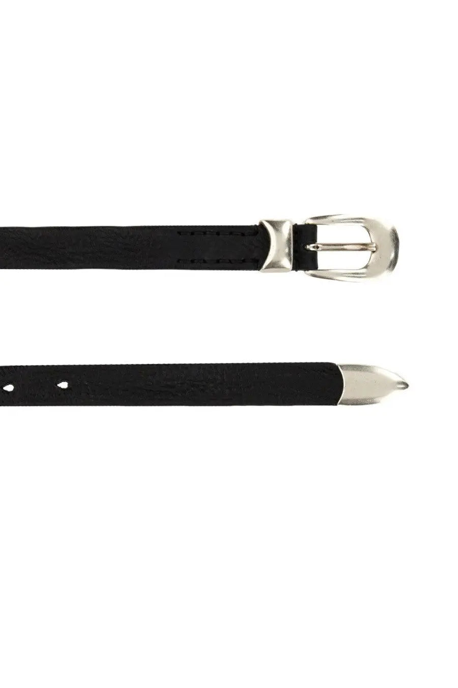 Our legacy mens cintura in pelle black leather belt with silver toned buckle and tip shown from the front