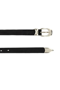Our legacy mens cintura in pelle black leather belt with silver toned buckle and tip shown from the front