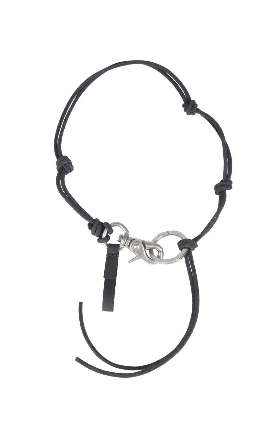 Our legacy men’s collana ladon black keychain with black leather cord silver-toned metal clasp and small strap attachment