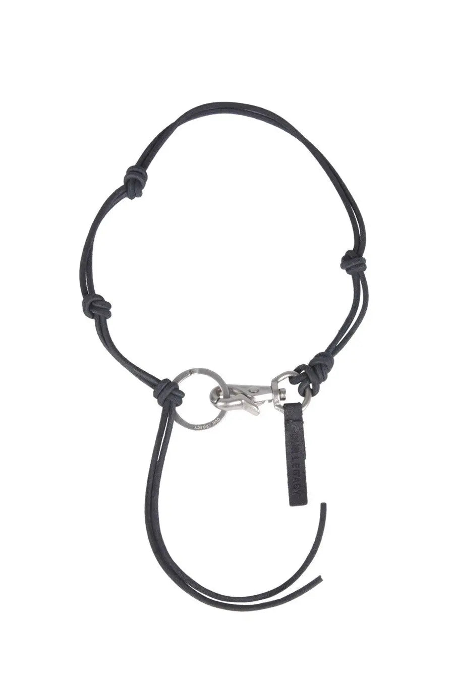 Our legacy men’s collana ladon black leather keychain with silver metal clasp and small black tag