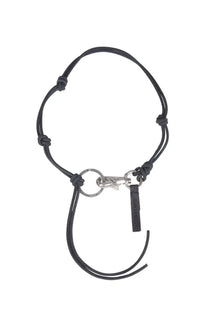 Our legacy men’s collana ladon black leather keychain with silver metal clasp and small black tag