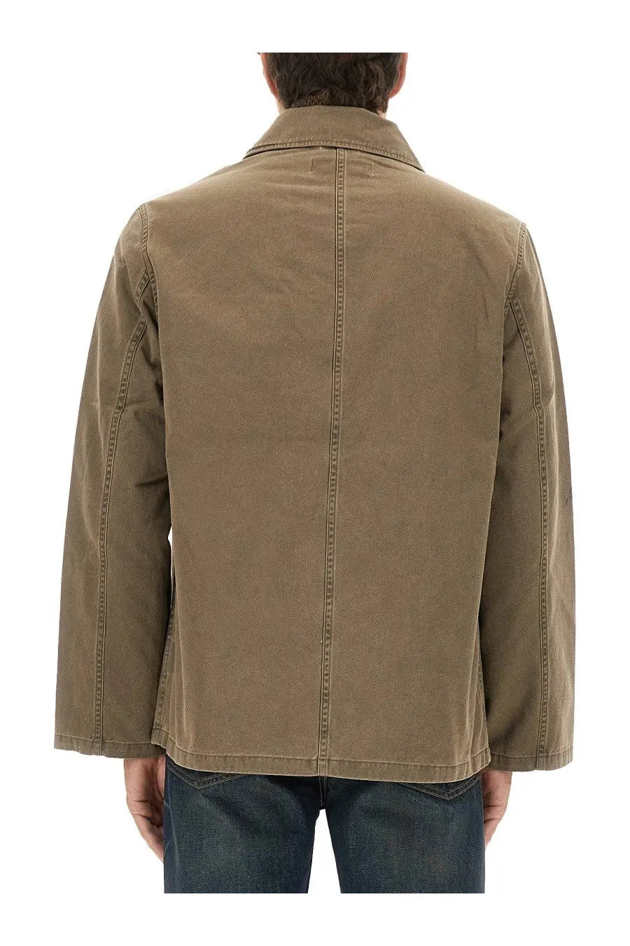 Our Legacy men’s Dutch work jacket brown khaki long-sleeved with classic collar and visible stitching details