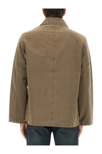 Our Legacy men’s Dutch work jacket brown khaki long-sleeved with classic collar and visible stitching details