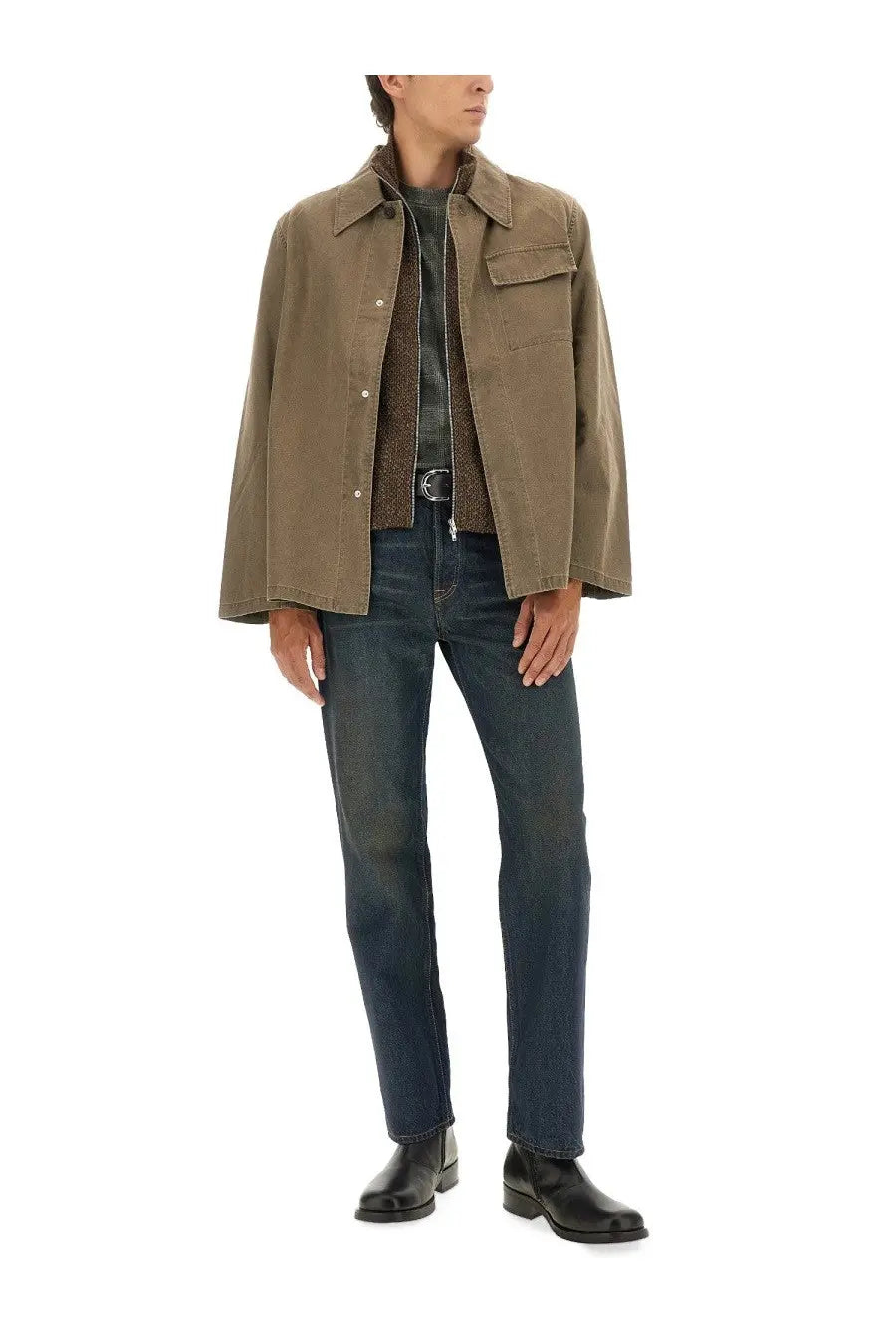 Olive green canvas our legacy men’s dutch work jacket with button closures and flap pockets