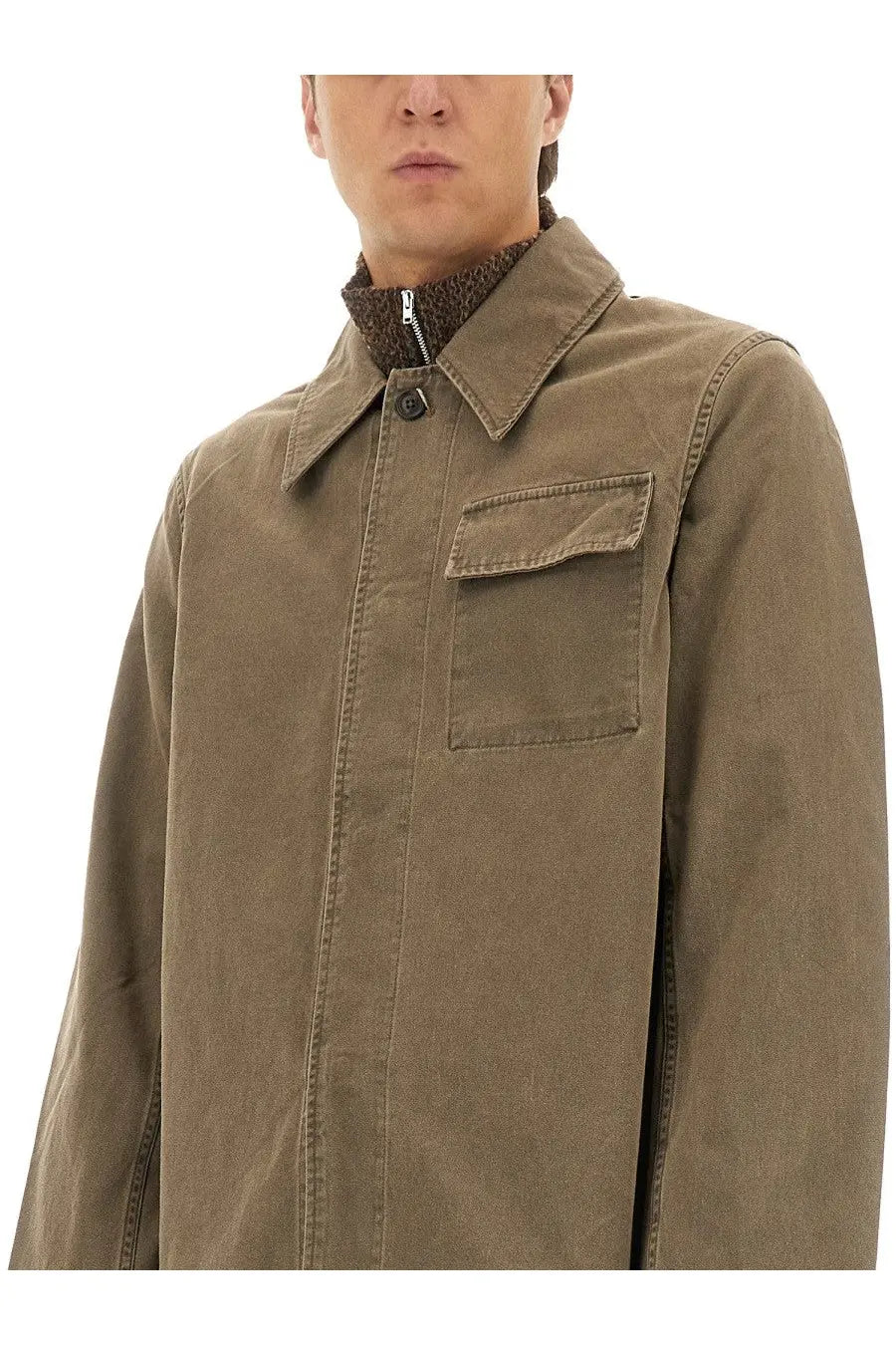 Our Legacy men’s dutch work jacket brown olive green canvas with collar front zipper and single chest pocket