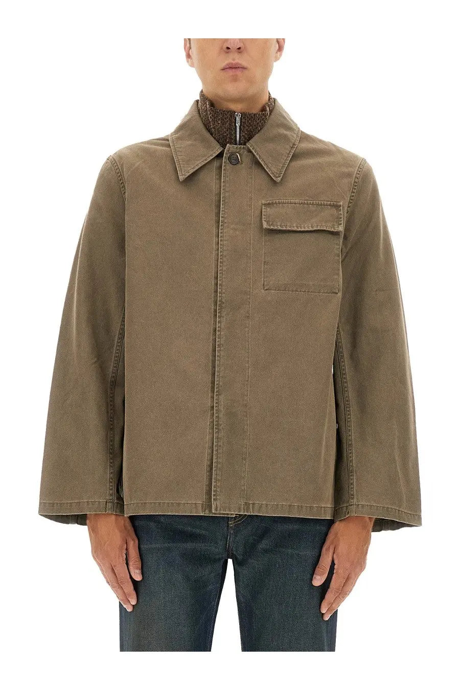 Our Legacy men’s Dutch Work Jacket in olive green cotton canvas with collar and single chest pocket