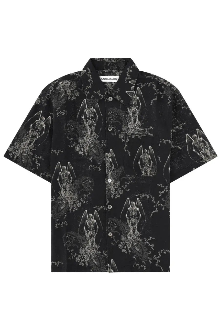 Our Legacy men’s black short-sleeved button-up shirt with white angelic wing and floral graphic print